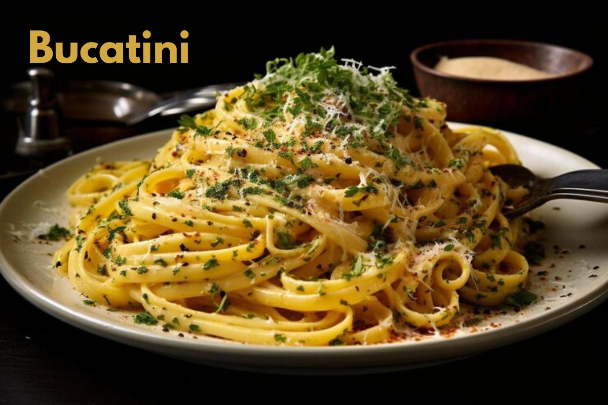 Bucatini: Experience the authentic taste of Italy with our handcrafted pasta, seasoned to perfection with fresh herbs and spices. A true culinary delight!