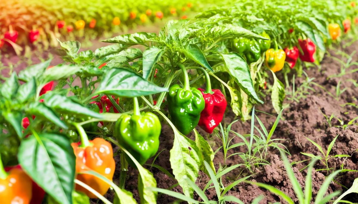 Scotch Bonnet Peppers growing in a field, highlighting their vibrant colors and natural environment.