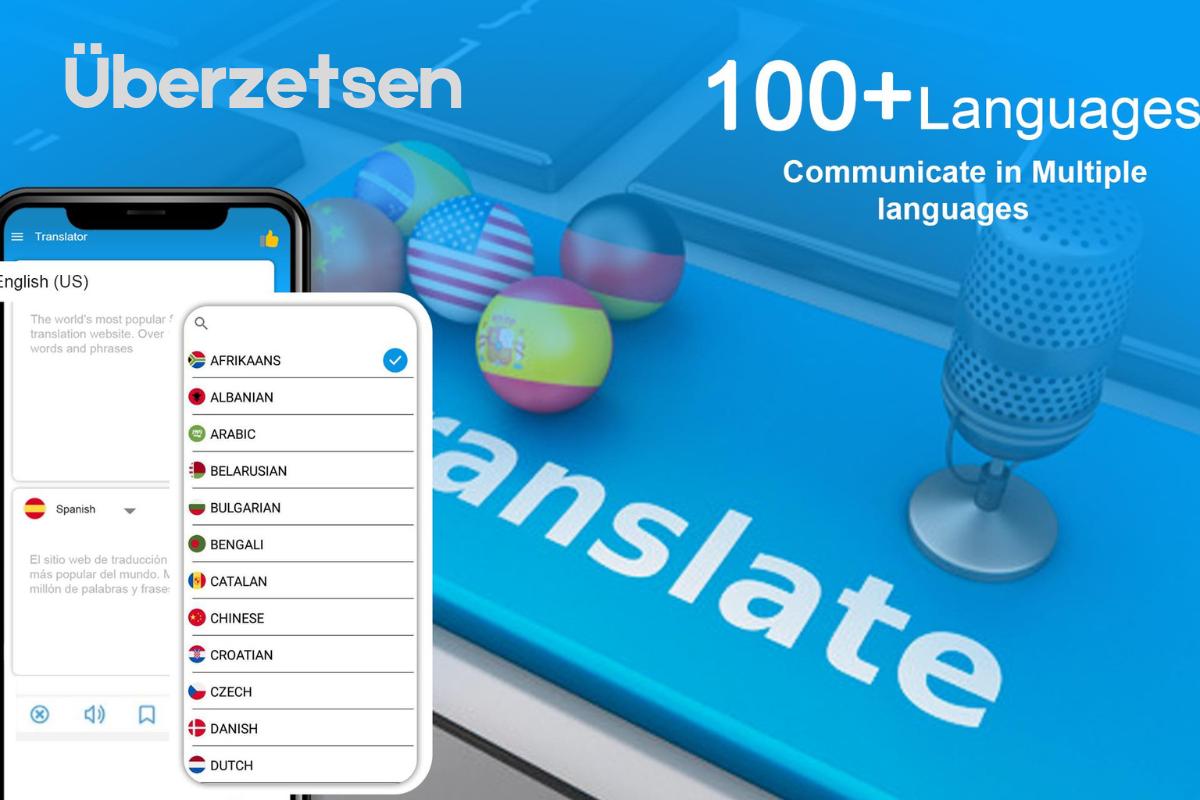 The image promotes a translation app named "Überzetsen" that supports over 100 languages, with features shown on a mobile device for multilingual communication.