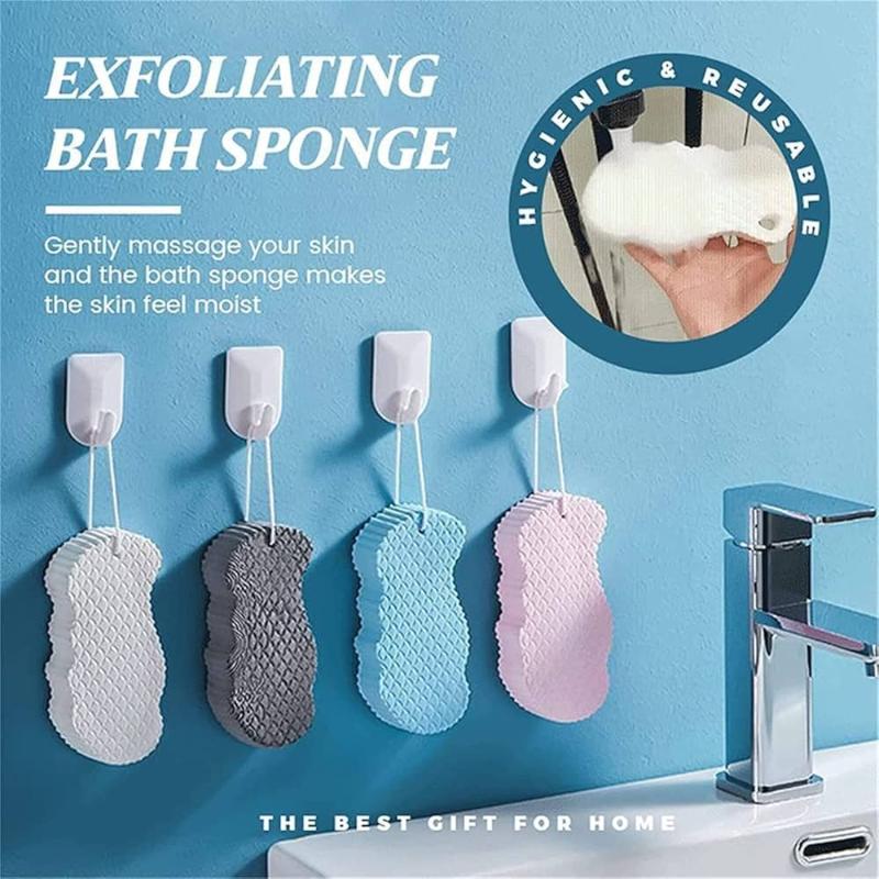 An ad for exfoliating bath loofa sponges, featuring four sponges (white, gray, blue, pink) hanging on hooks. The sponges are described as "hygienic & reusable," ideal for skincare.