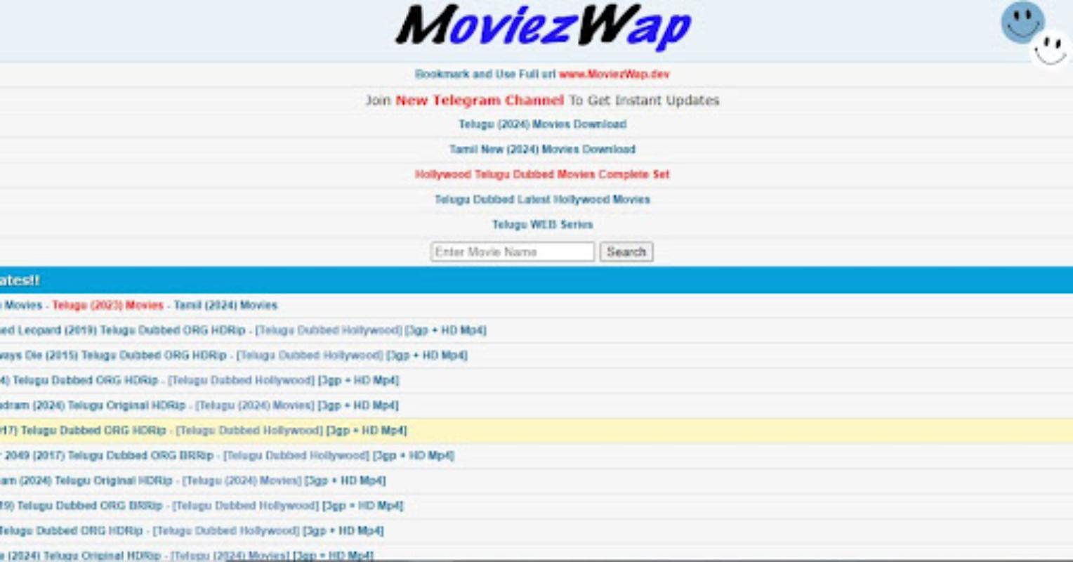 Moviezwap website homepage featuring categories for Telugu, Tamil, and Hollywood movies, along with download options and a search bar.